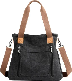 Women's Canvas Vintage Tote Shoulder Bag, Hobo Daily Purse Large Handbag with Multi-pocket, Top Handle Work Bags