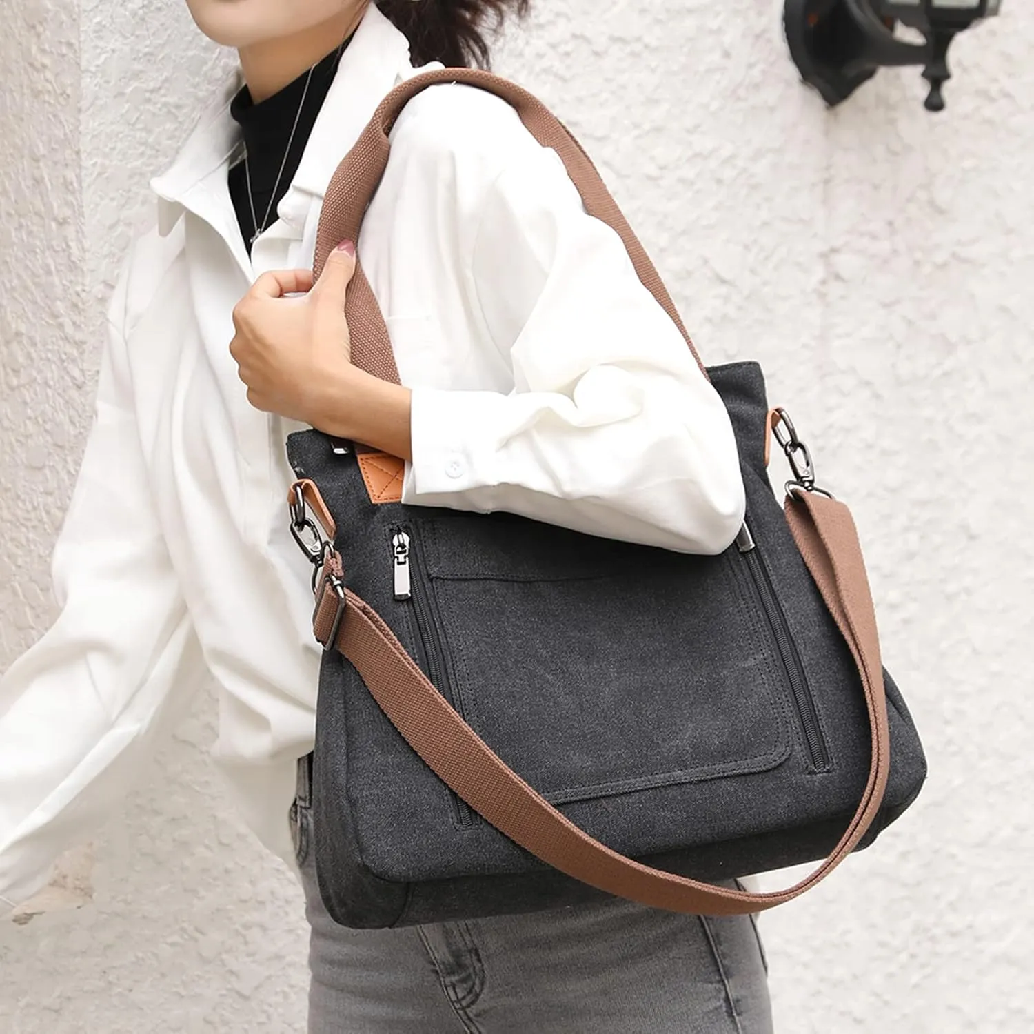 Women's Canvas Vintage Tote Shoulder Bag, Hobo Daily Purse Large Handbag with Multi-pocket, Top Handle Work Bags