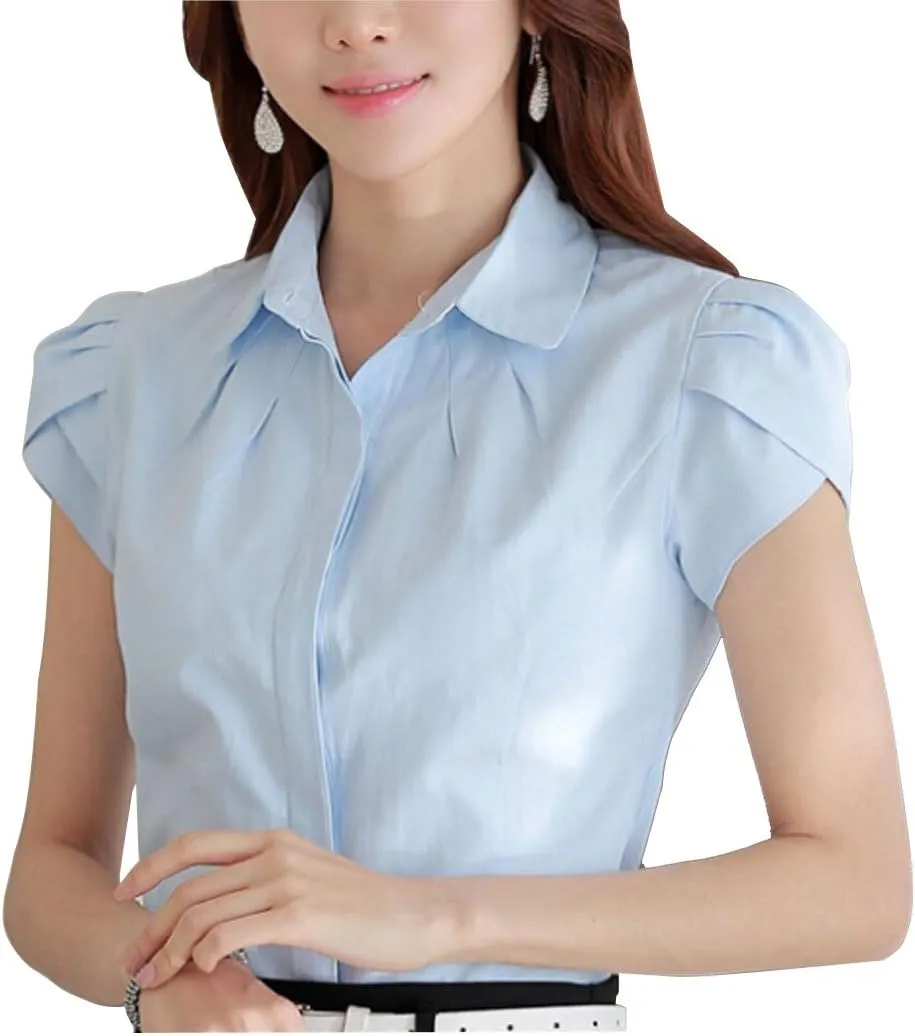 Women's Cotton Collared Business Casual Button Down Blouse Tulip Sleeve Shirt