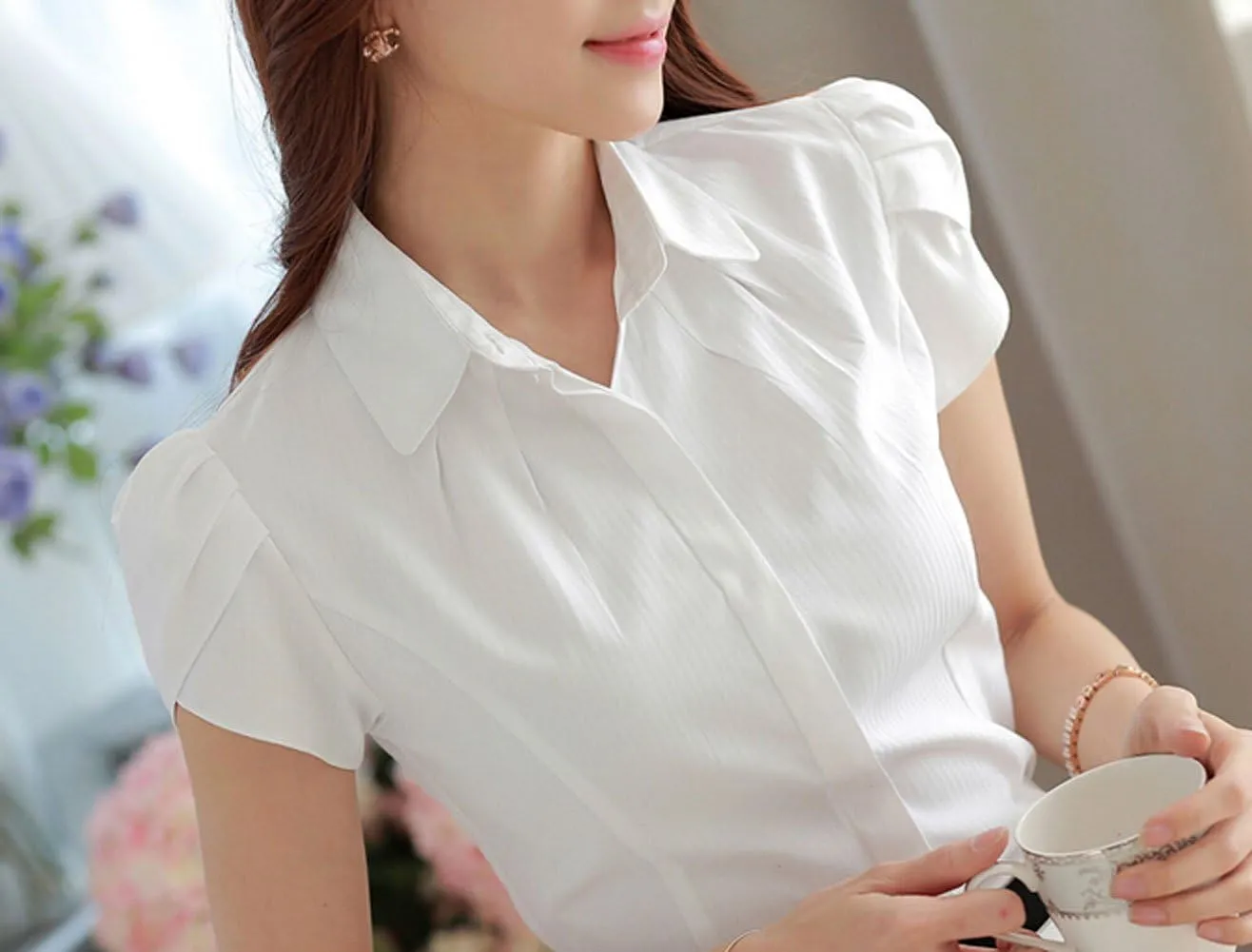 Women's Cotton Collared Business Casual Button Down Blouse Tulip Sleeve Shirt