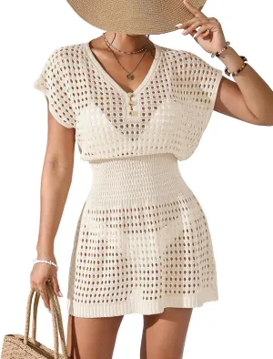 Womens Crochet Knit Cinched Waist Beach Coverup Dress Summer 2025 V Neck Button Cap Sleeve Bathing Suit Cover Up