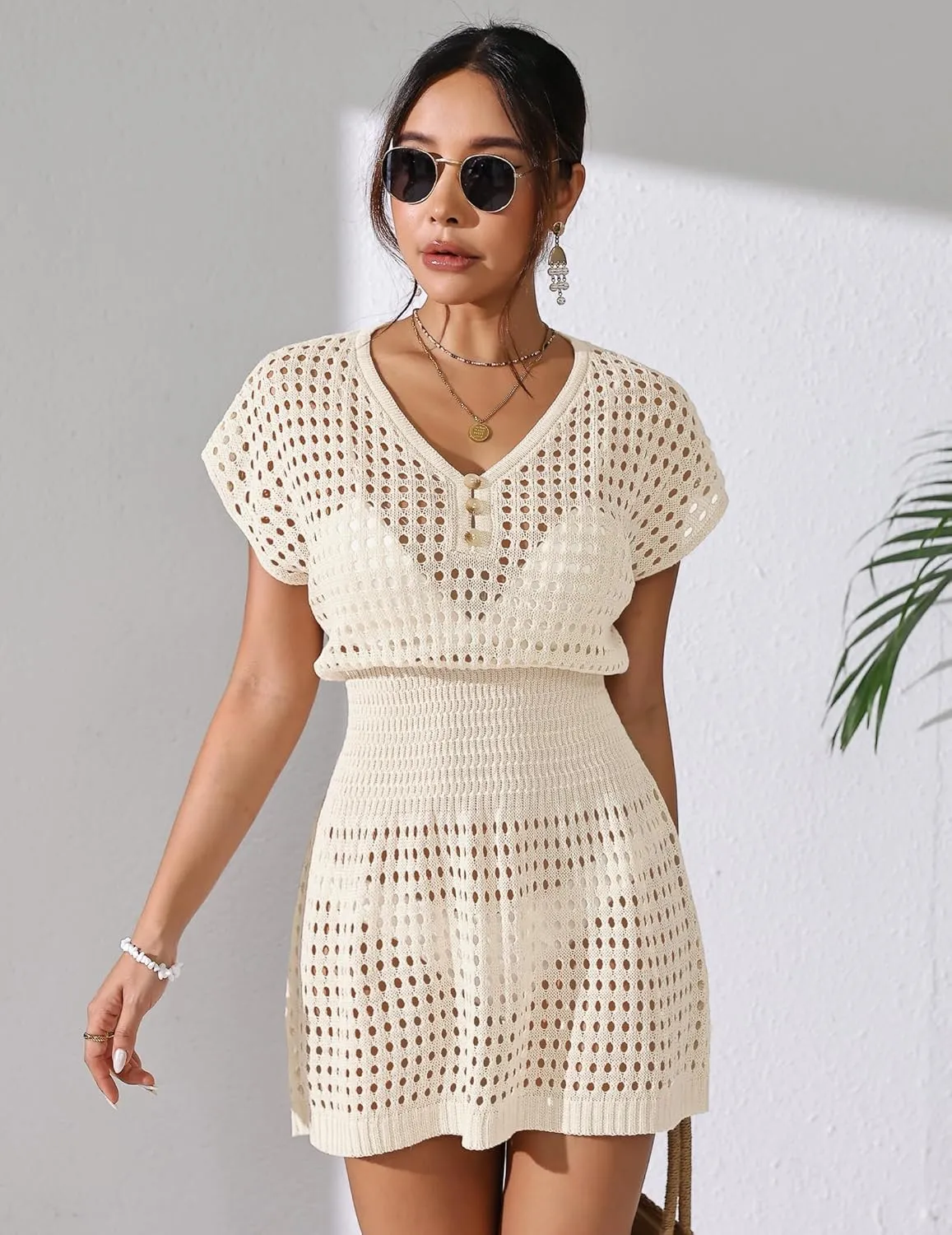 Womens Crochet Knit Cinched Waist Beach Coverup Dress Summer 2025 V Neck Button Cap Sleeve Bathing Suit Cover Up