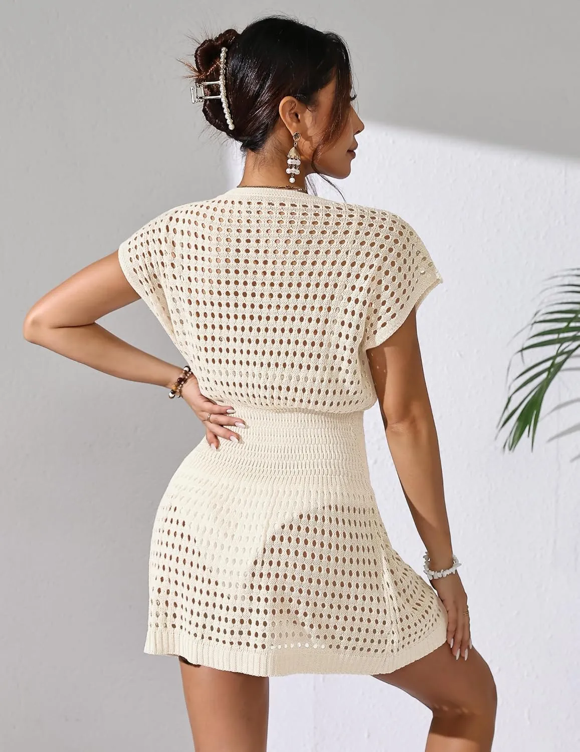 Womens Crochet Knit Cinched Waist Beach Coverup Dress Summer 2025 V Neck Button Cap Sleeve Bathing Suit Cover Up