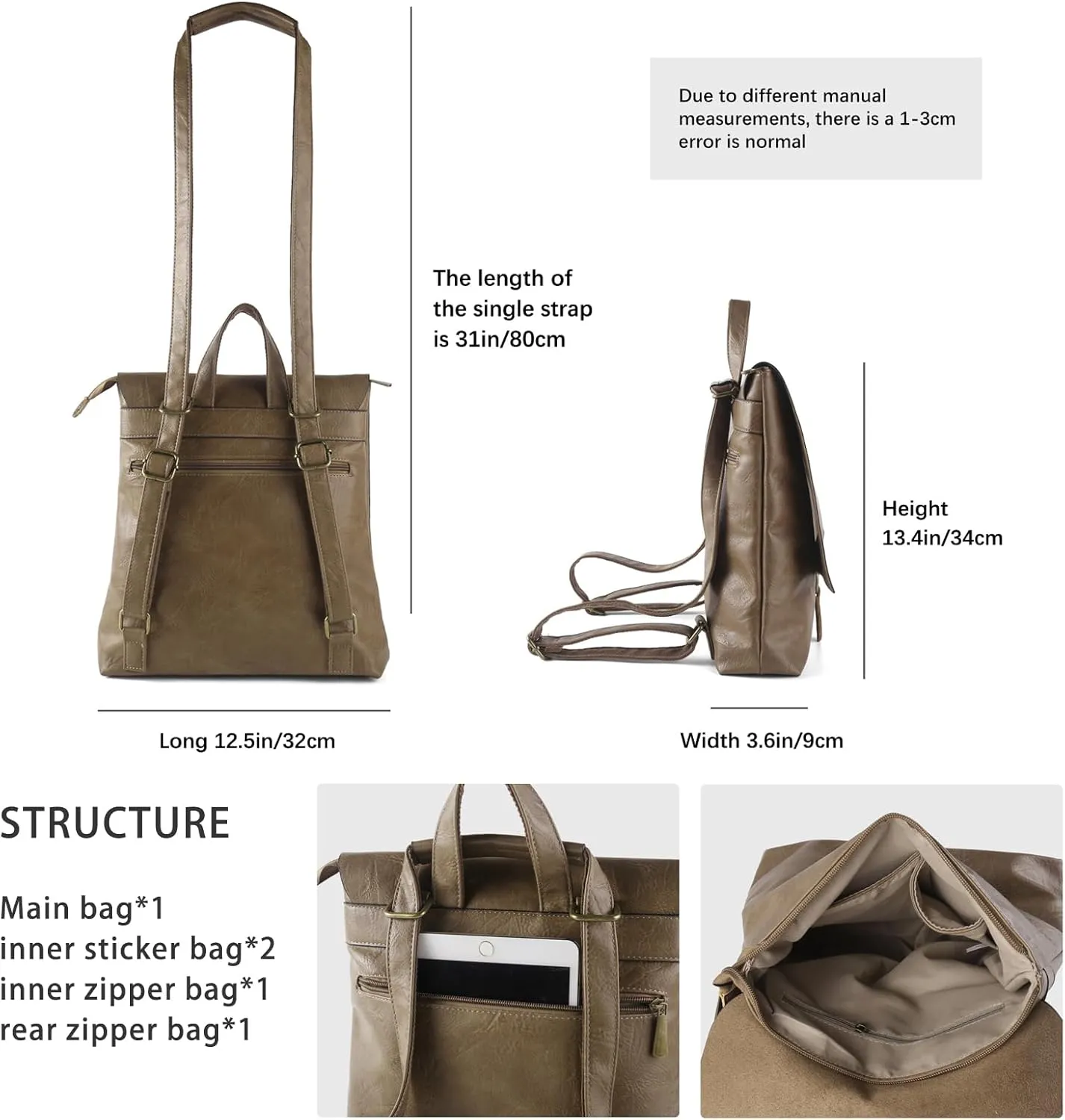 Women's Fashion Backpack Purse Multipurpose Design Convertible Satchel Handbags Shoulder Bag Travel bag (Khaki)