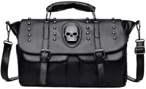 Women's Pu Black Pocket Punk Rivet Skull Ghost Head Single Shoulder Bag Tote, One Color, One Size