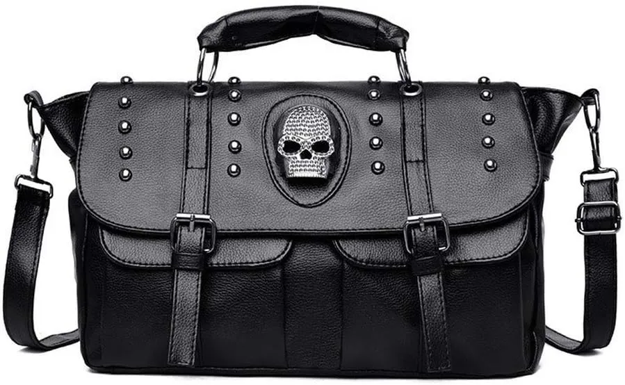 Women's Pu Black Pocket Punk Rivet Skull Ghost Head Single Shoulder Bag Tote, One Color, One Size