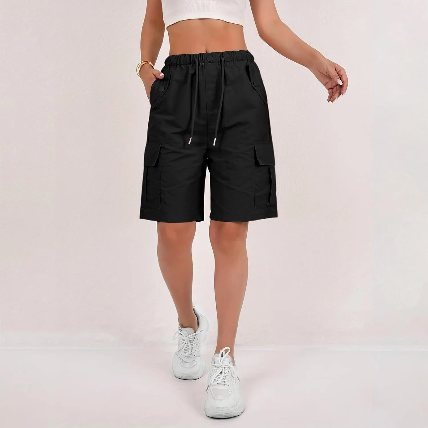 Womens Shorts Hiking Outdoor Lightweight Casual Elastic Waist Drawstring Shorts Fishing Summer Multi Pockets Short Pants