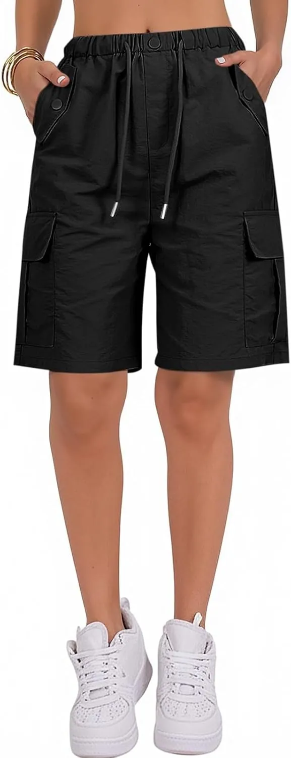 Womens Shorts Hiking Outdoor Lightweight Casual Elastic Waist Drawstring Shorts Fishing Summer Multi Pockets Short Pants