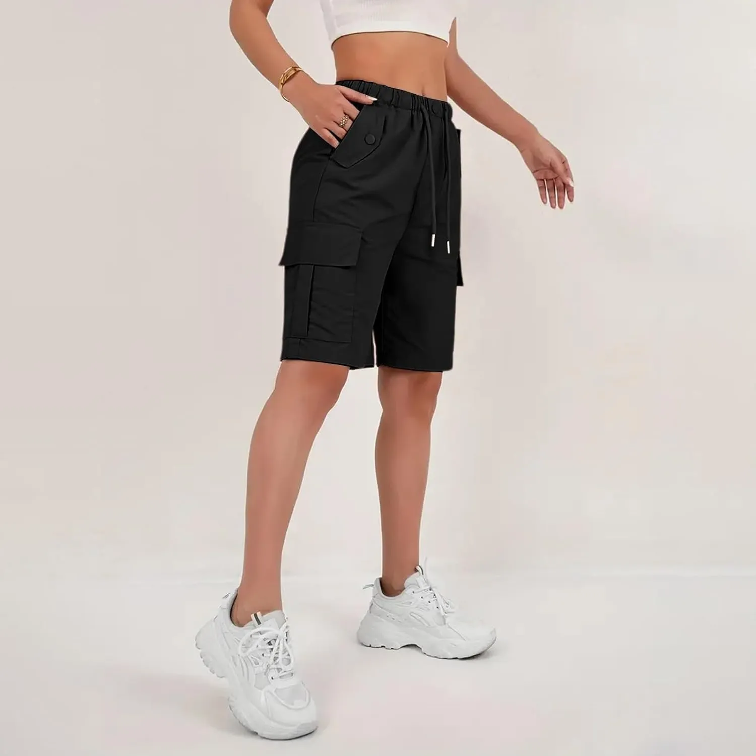 Womens Shorts Hiking Outdoor Lightweight Casual Elastic Waist Drawstring Shorts Fishing Summer Multi Pockets Short Pants