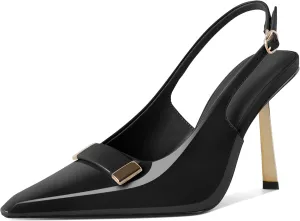 Women's Square Toe Slingback Pumps Stilettos High Heel Metal Buckle Shoes Evening 4 Inch Dress Shoes