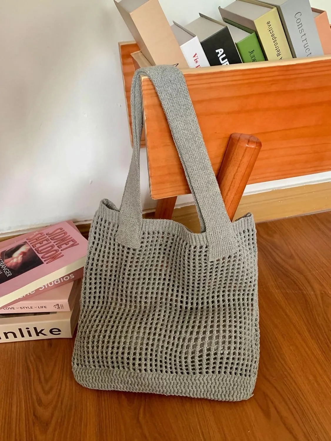 Women's Summer Knitted Shoulder Bag Hollow Out Tote Handbag, Breathable Mesh Beach Bag with Simple Woven Design (Apricot)