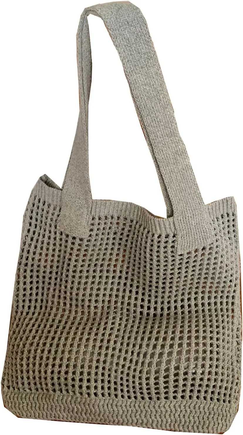 Women's Summer Knitted Shoulder Bag Hollow Out Tote Handbag, Breathable Mesh Beach Bag with Simple Woven Design (Apricot)