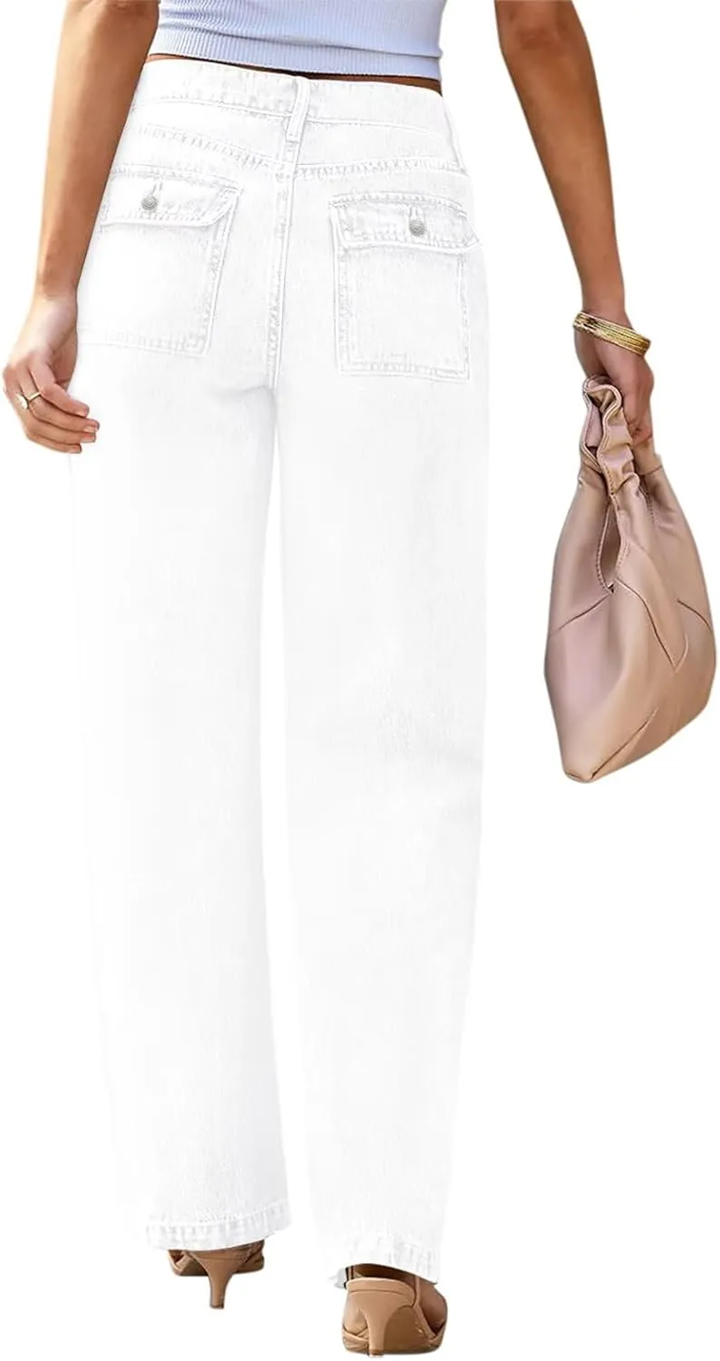 Womens Wide Leg Jeans High Waisted Carpenter Cargo Jeans Casual 90s Y2K Flap Pocket Straight Leg Jeans for Women