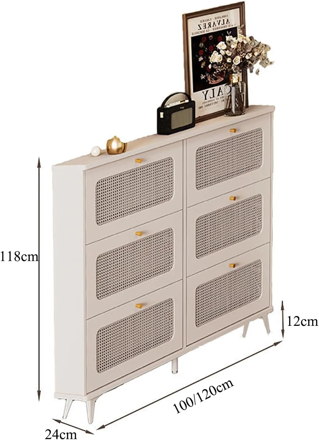 Woven Rattan Flip Shoe Cabine with 6 Flip Doors,Freestanding Hidden Shoe Rack,Large Capacity Entry Shoe Cabinet for High Heels Slippers(100cm, Double Layer)