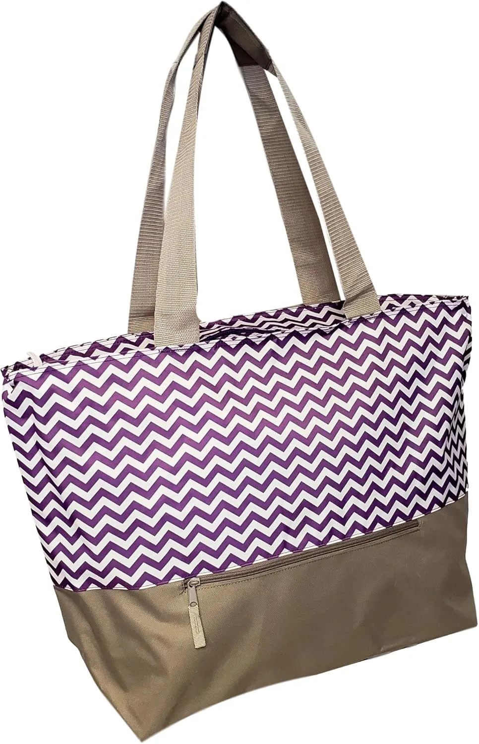 XL Beach Tote Chevron Print Weekender Bag with Mesh Webbed Handles and Outer Zippered PocketCan Be Personalized Purple