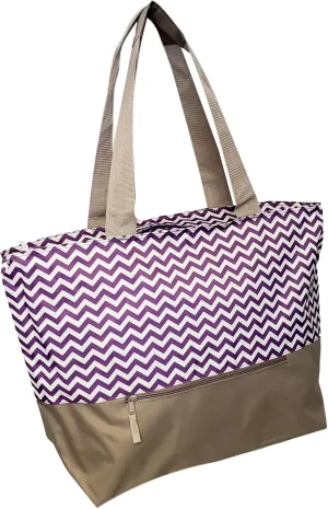 XL Beach Tote Chevron Print Weekender Bag with Mesh Webbed Handles and Outer Zippered PocketCan Be Personalized Purple