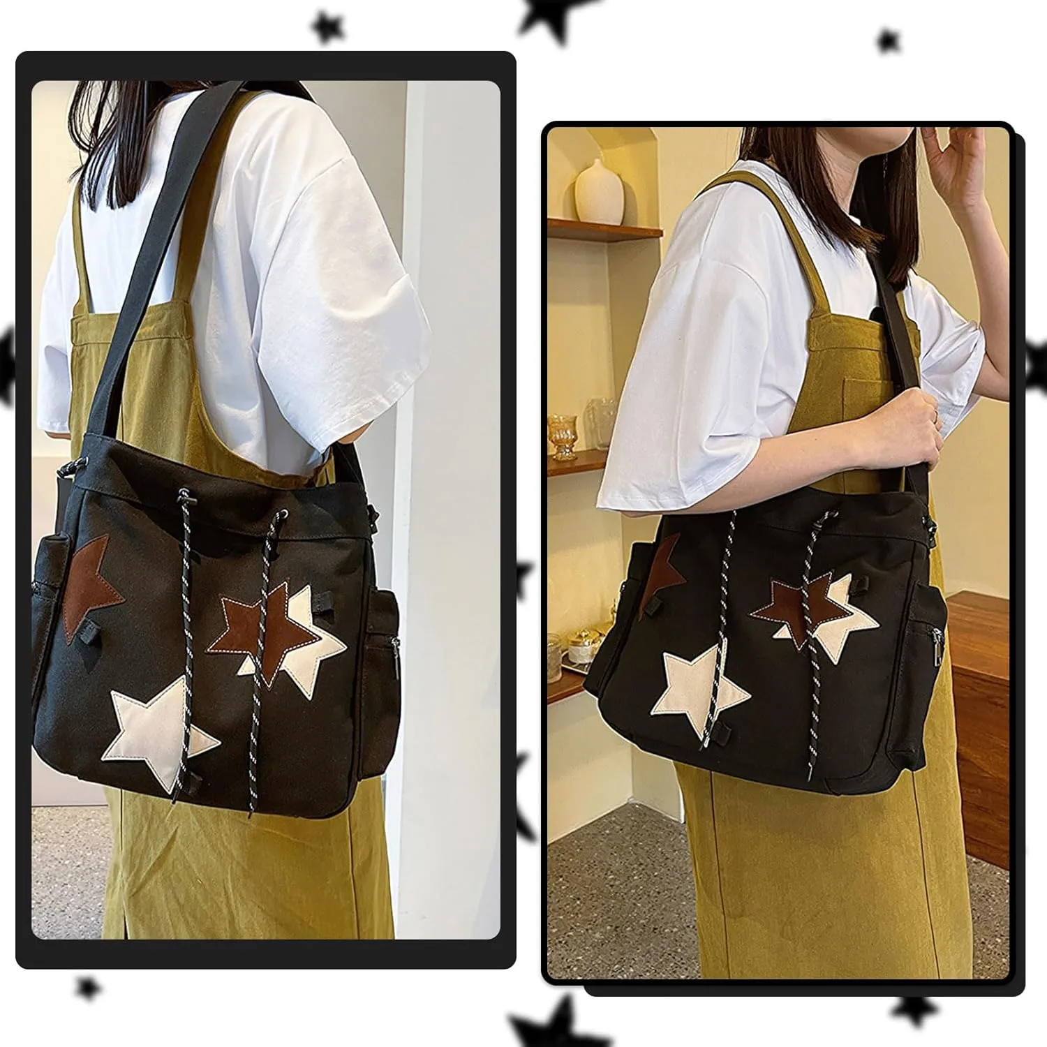 Y2K Star Messenger Bag - Aesthetic Canvas Crossbody Bag, Kawaii Tote with Zipper for Women