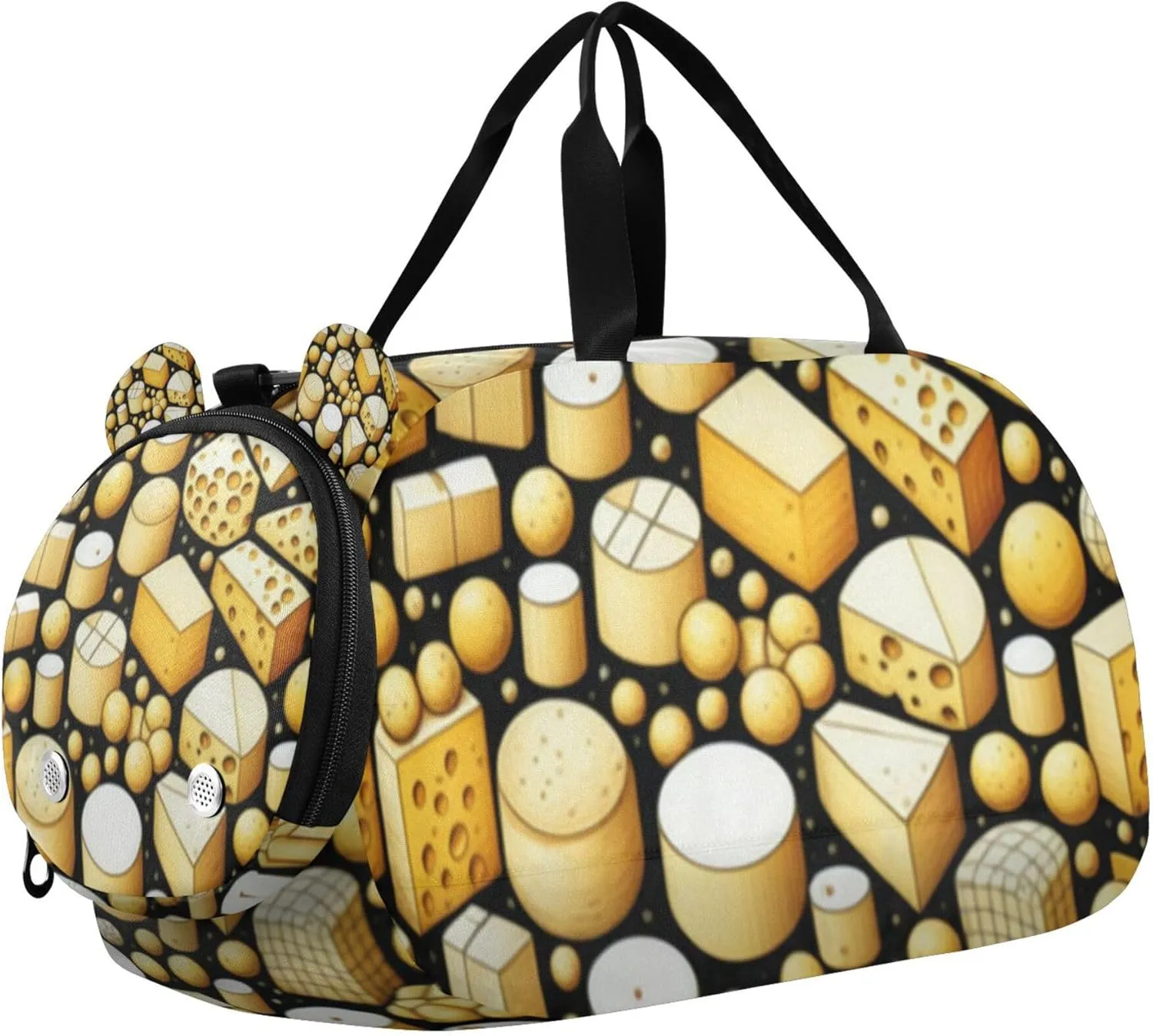 Yellow Cute Cheese Duffle Bag for Kids Girls Boys, Sports Gym Bag with Shoe Compartments, Kids Travel Overnight Weekender Shoulder Bag