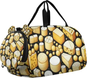 Yellow Cute Cheese Duffle Bag for Kids Girls Boys, Sports Gym Bag with Shoe Compartments, Kids Travel Overnight Weekender Shoulder Bag