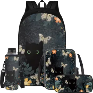 YEXIATODO Black Cat Backpack for School Girls Backpack with Lunch Box Water Bottle Carrier Kawaii Pencil Case 4 in 1 Cute Bookbag with Compartments 17 inch 1st 2nd 3rd School Bag for Kids