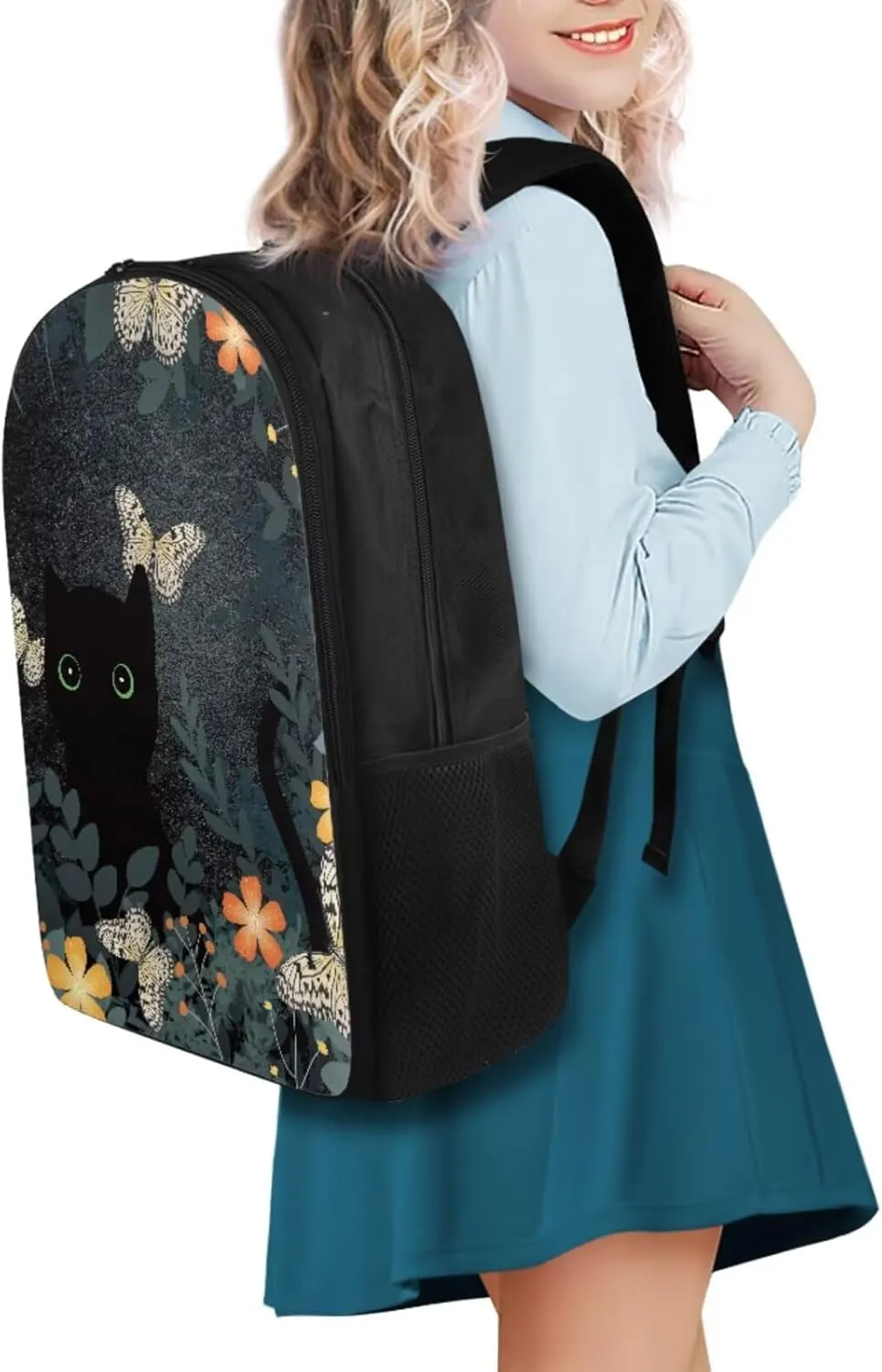 YEXIATODO Black Cat Backpack for School Girls Backpack with Lunch Box Water Bottle Carrier Kawaii Pencil Case 4 in 1 Cute Bookbag with Compartments 17 inch 1st 2nd 3rd School Bag for Kids