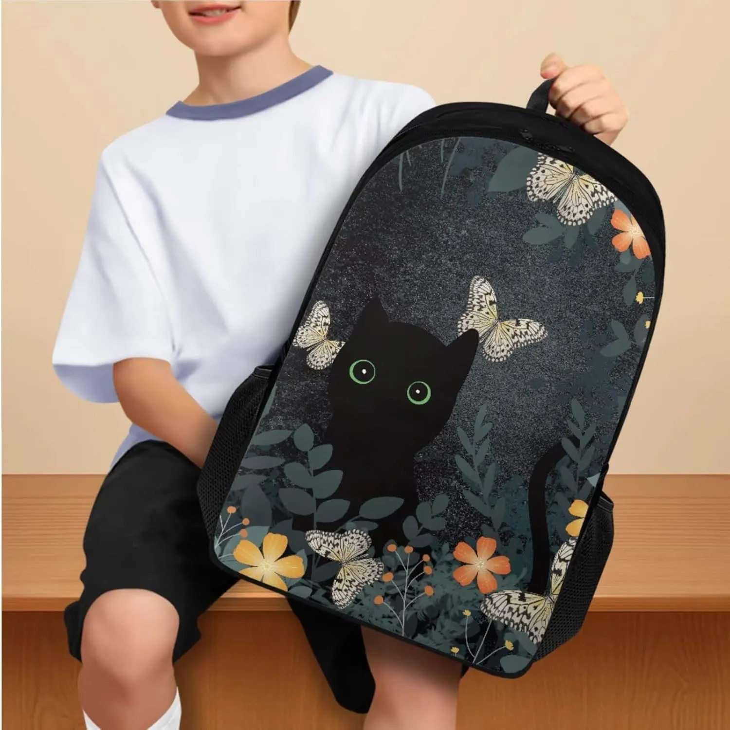 YEXIATODO Black Cat Backpack for School Girls Backpack with Lunch Box Water Bottle Carrier Kawaii Pencil Case 4 in 1 Cute Bookbag with Compartments 17 inch 1st 2nd 3rd School Bag for Kids