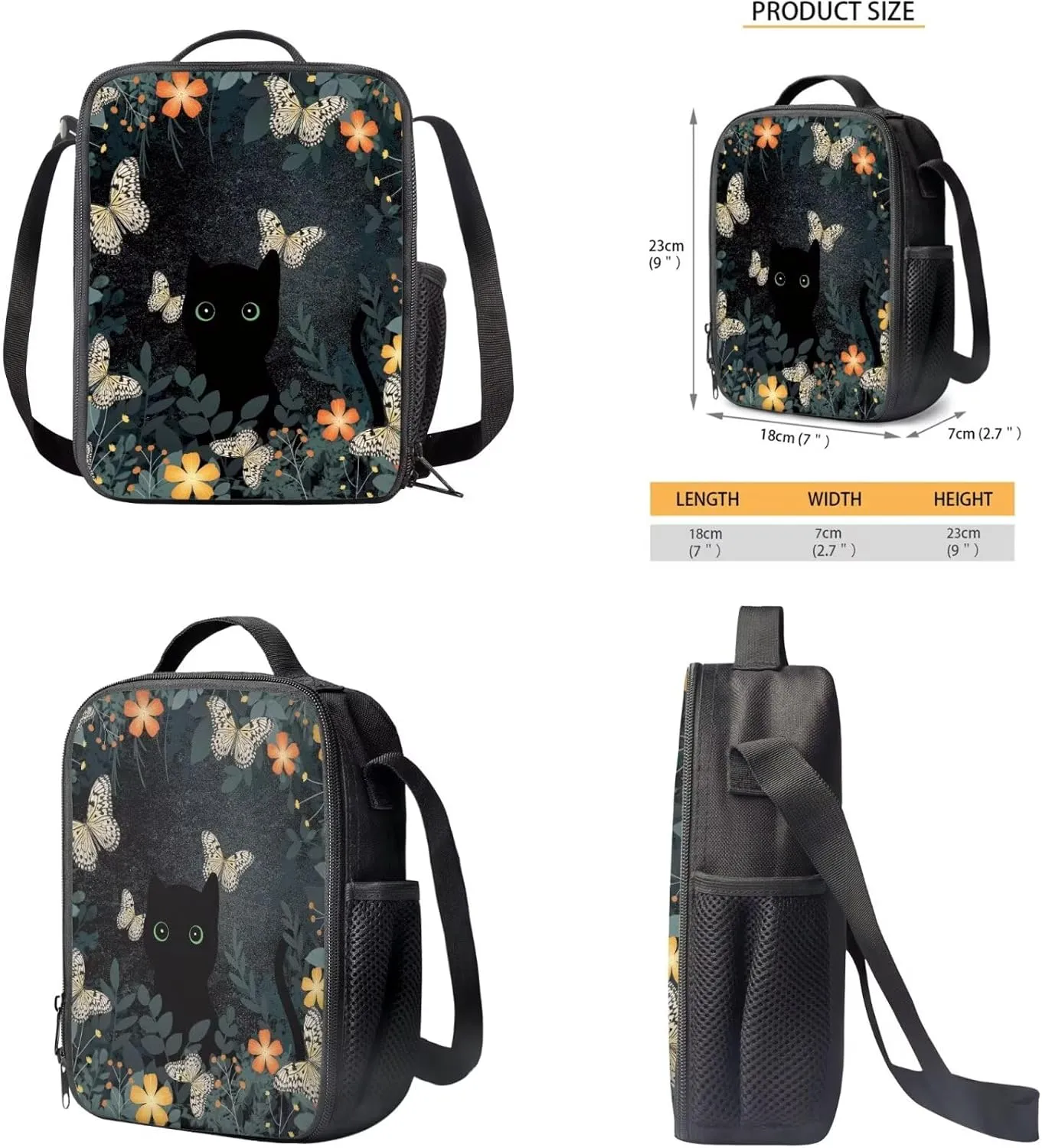 YEXIATODO Black Cat Backpack for School Girls Backpack with Lunch Box Water Bottle Carrier Kawaii Pencil Case 4 in 1 Cute Bookbag with Compartments 17 inch 1st 2nd 3rd School Bag for Kids