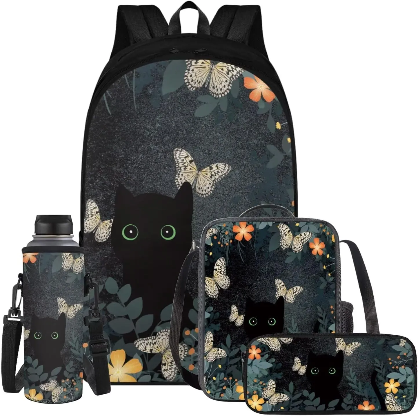 YEXIATODO Black Cat Backpack for School Girls Backpack with Lunch Box Water Bottle Carrier Kawaii Pencil Case 4 in 1 Cute Bookbag with Compartments 17 inch 1st 2nd 3rd School Bag for Kids