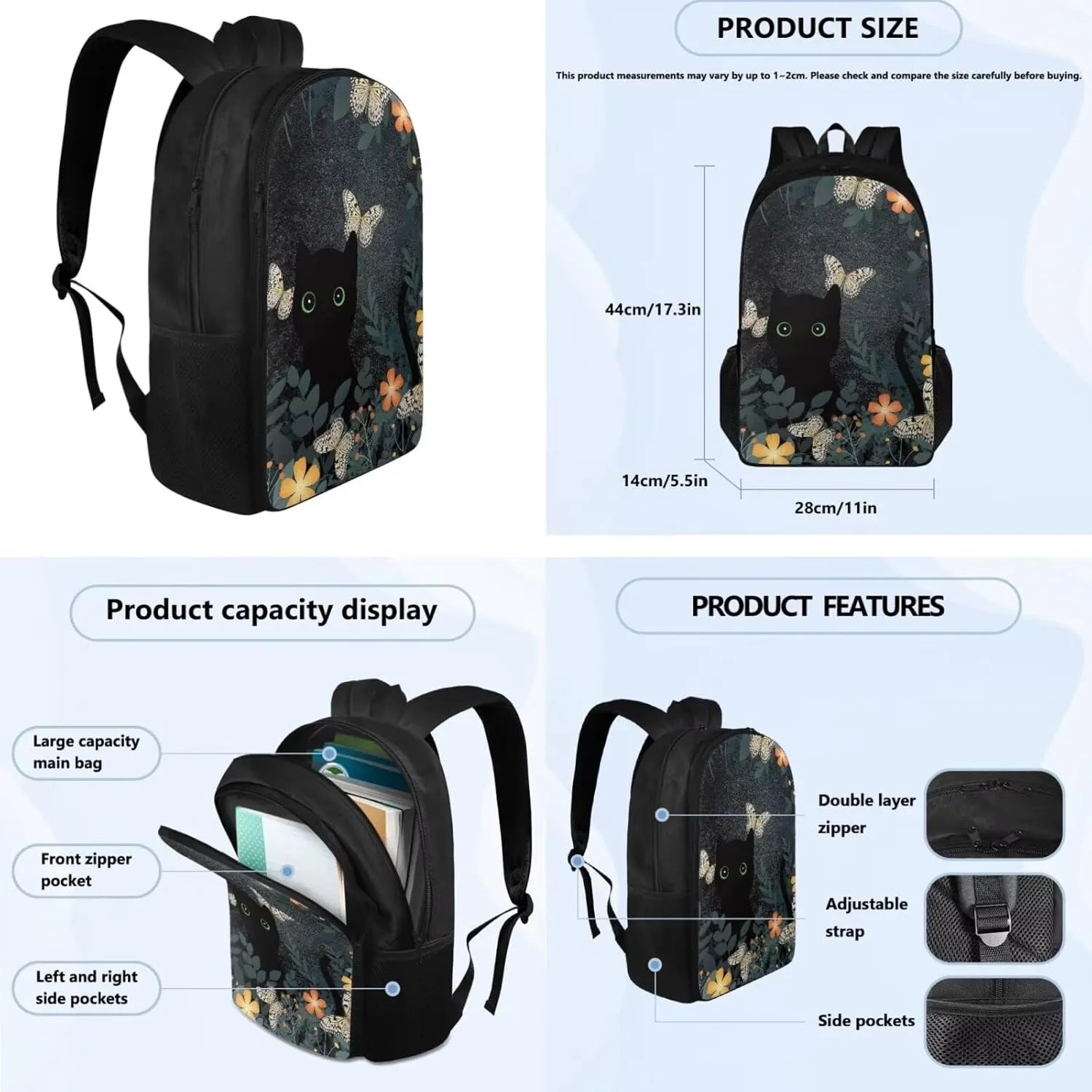 YEXIATODO Black Cat Backpack for School Girls Backpack with Lunch Box Water Bottle Carrier Kawaii Pencil Case 4 in 1 Cute Bookbag with Compartments 17 inch 1st 2nd 3rd School Bag for Kids