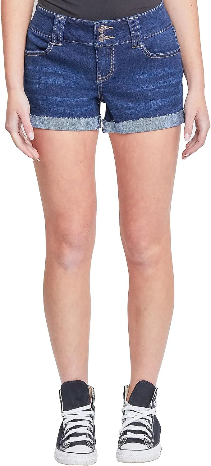 YMI Women's Low-Rise 2-Button Denim Shorts with Flap Back Pockets and Cuffed Hems
