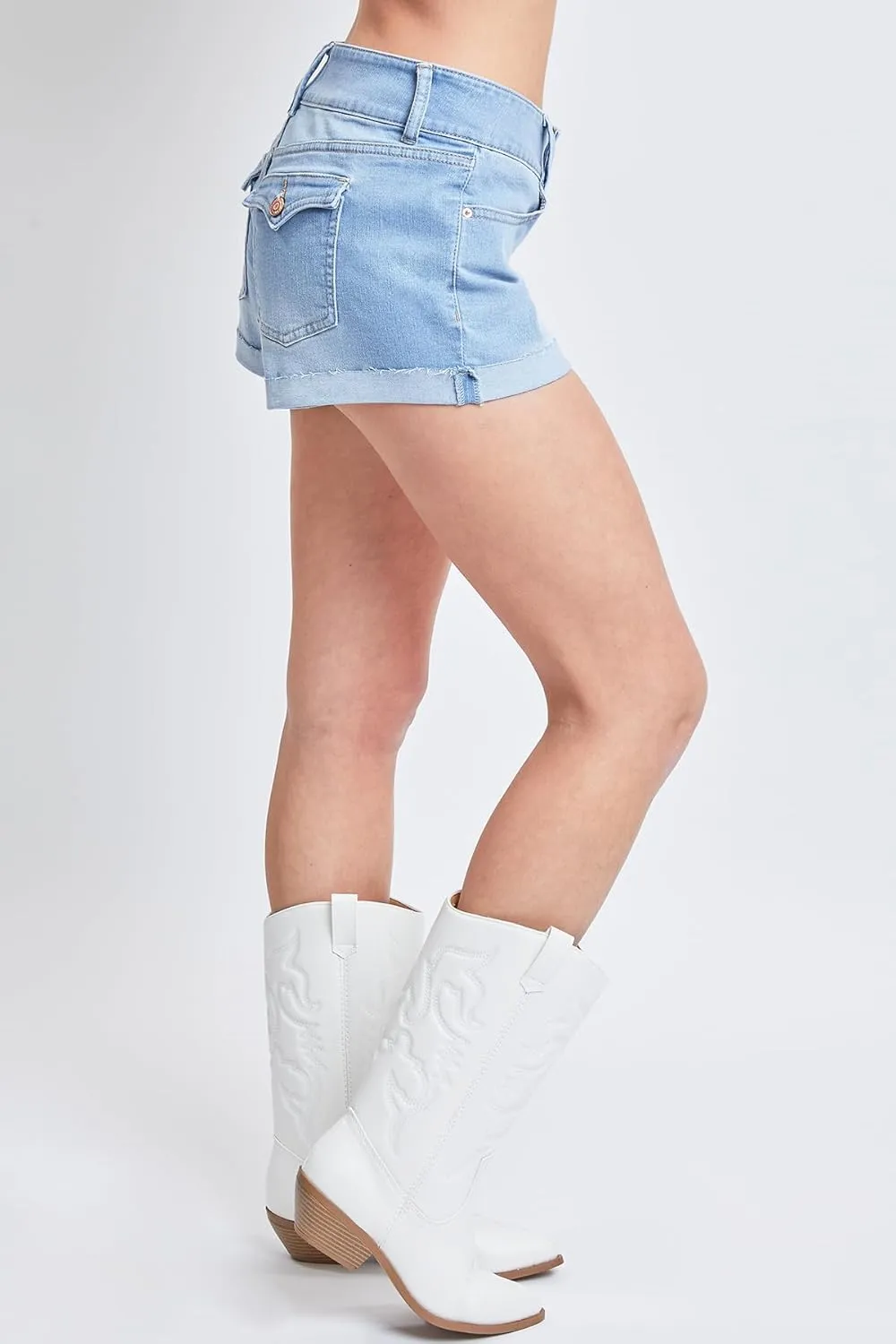 YMI Women's Low-Rise 2-Button Denim Shorts with Flap Back Pockets and Cuffed Hems