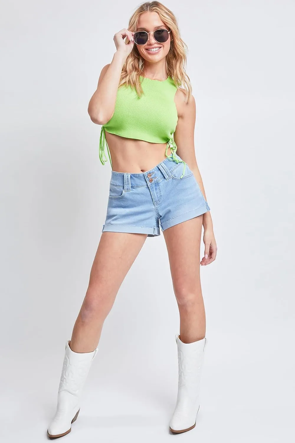 YMI Women's Low-Rise 2-Button Denim Shorts with Flap Back Pockets and Cuffed Hems