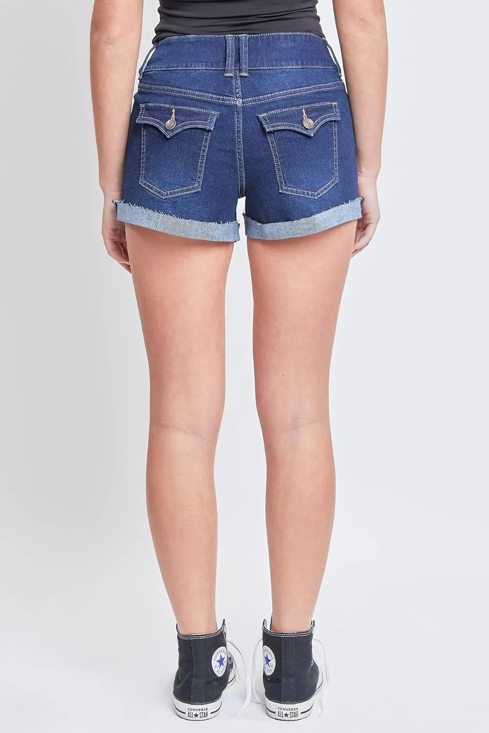 YMI Women's Low-Rise 2-Button Denim Shorts with Flap Back Pockets and Cuffed Hems