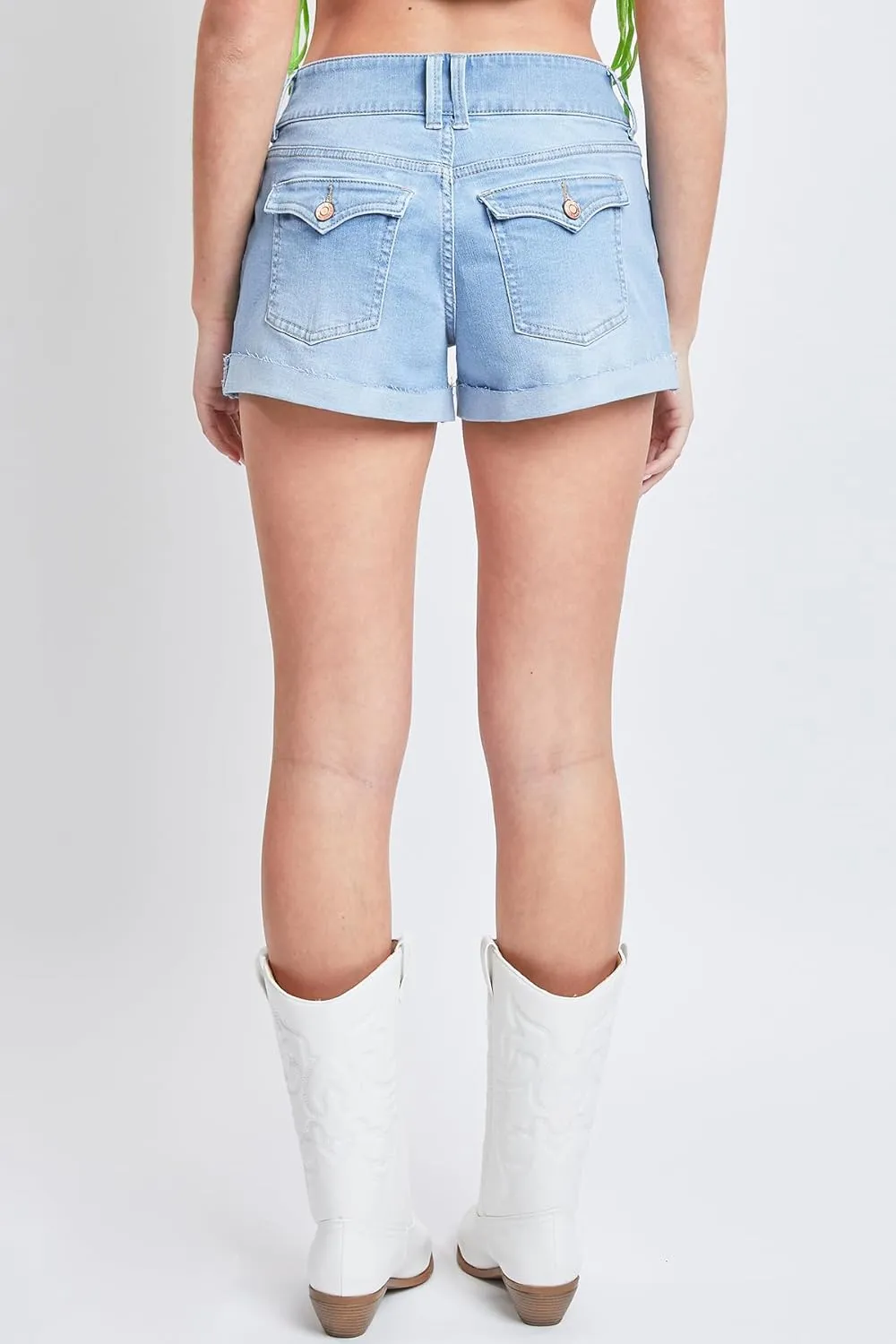 YMI Women's Low-Rise 2-Button Denim Shorts with Flap Back Pockets and Cuffed Hems