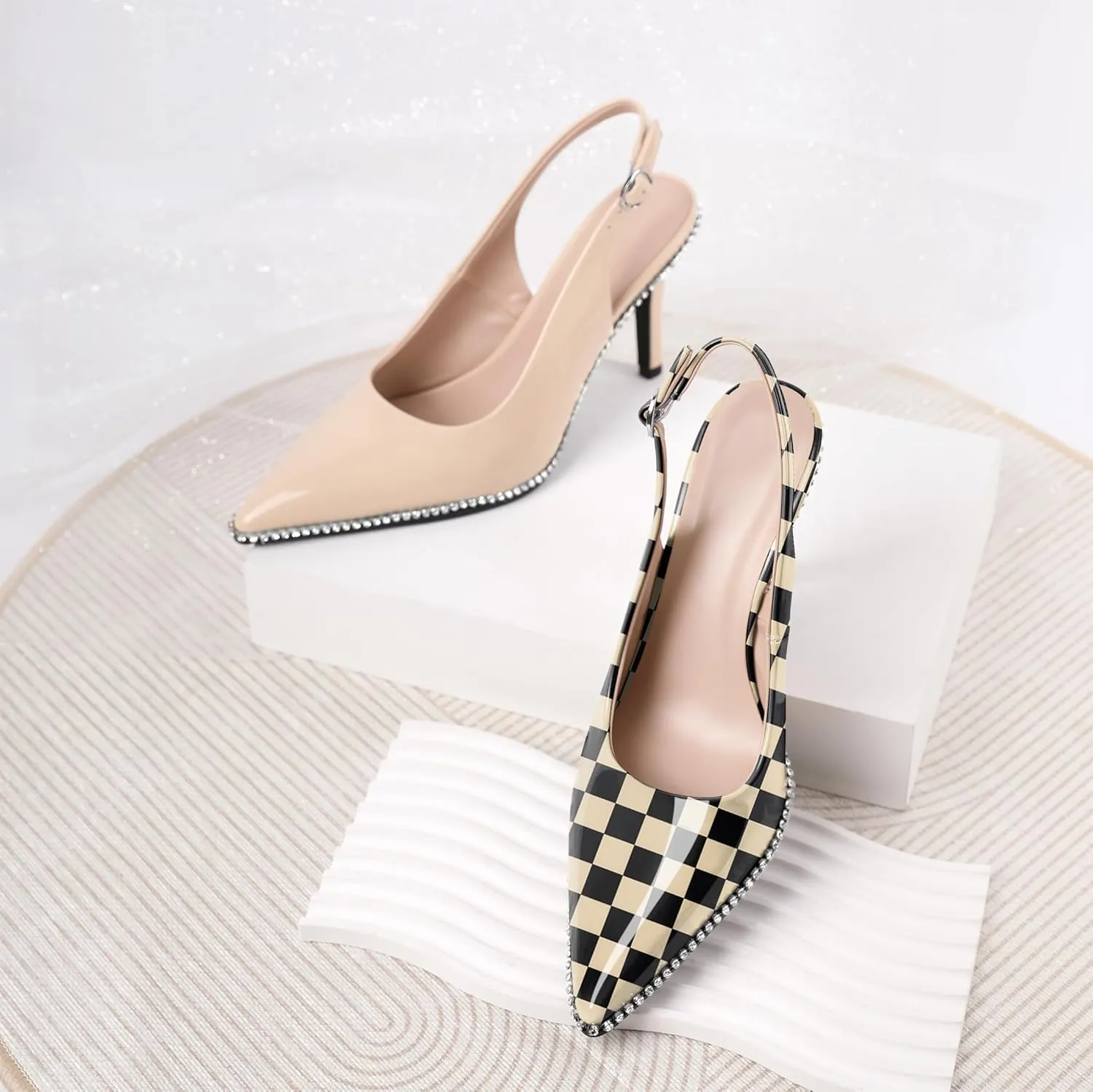 YODEKS Women's Slingback Heels Pointed Toe Stiletto High Heel Pumps 3.5 Inch Rhinestone Shoes Size 5-13
