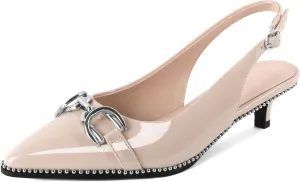 YODEKS Women's Slingback Kitten Heels Pointed Toe Low Heel Beaded Pumps 1.5 Inch Metal Buckle Shoes Size 5-13