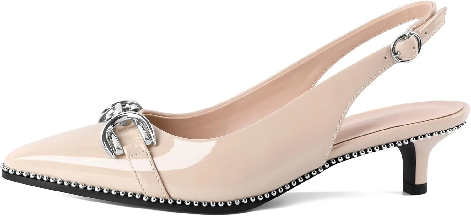 YODEKS Women's Slingback Kitten Heels Pointed Toe Low Heel Beaded Pumps 1.5 Inch Metal Buckle Shoes Size 5-13