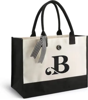 YOOFAN Initial Canvas Tote Bag - Personalized Monogrammed Gift Tote Bag for Wedding, Birthday, Beach, Holiday - Gift for Women, Mom, Teachers, Friends, Bridesmaids (B)