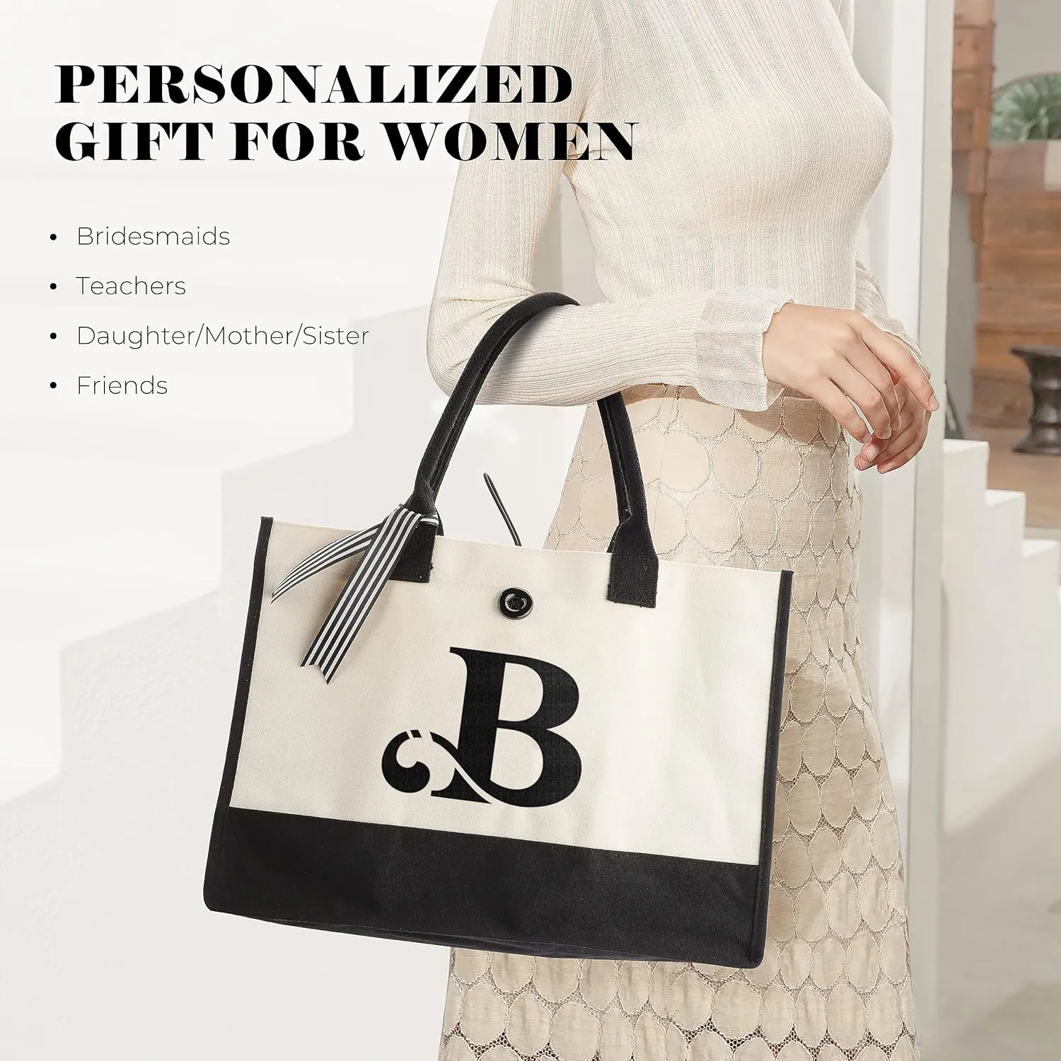 YOOFAN Initial Canvas Tote Bag - Personalized Monogrammed Gift Tote Bag for Wedding, Birthday, Beach, Holiday - Gift for Women, Mom, Teachers, Friends, Bridesmaids (B)