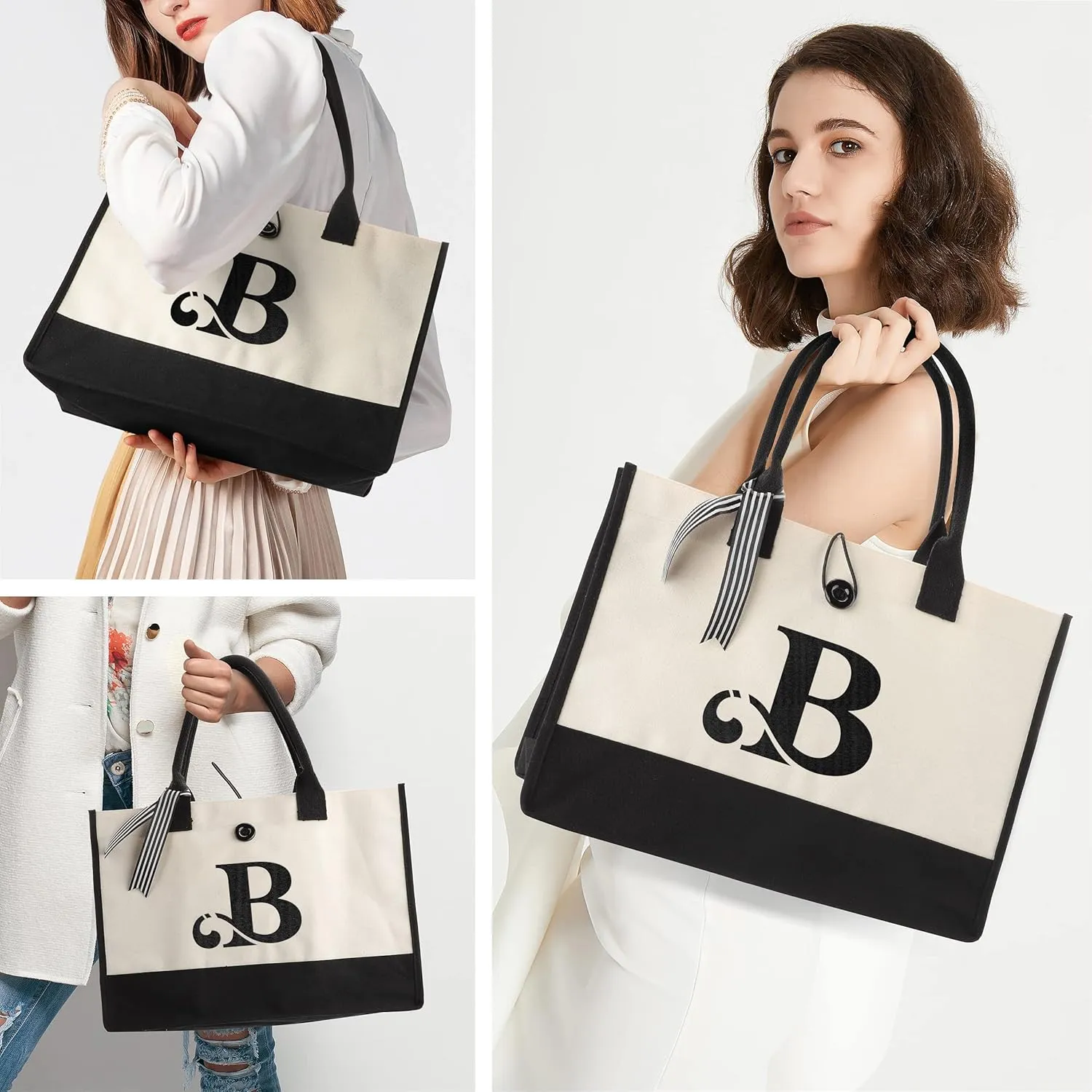 YOOFAN Initial Canvas Tote Bag - Personalized Monogrammed Gift Tote Bag for Wedding, Birthday, Beach, Holiday - Gift for Women, Mom, Teachers, Friends, Bridesmaids (B)