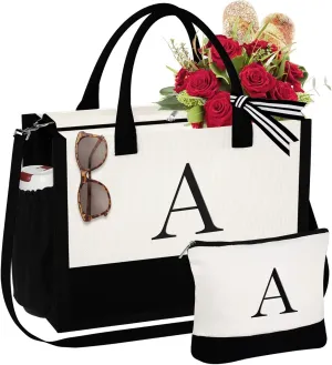 YOOLIFE Mothers Day Gifts for Women - Initial Tote Bag & Makeup Bag, Birthday Gifts for Women Mom Wife Teacher Friend