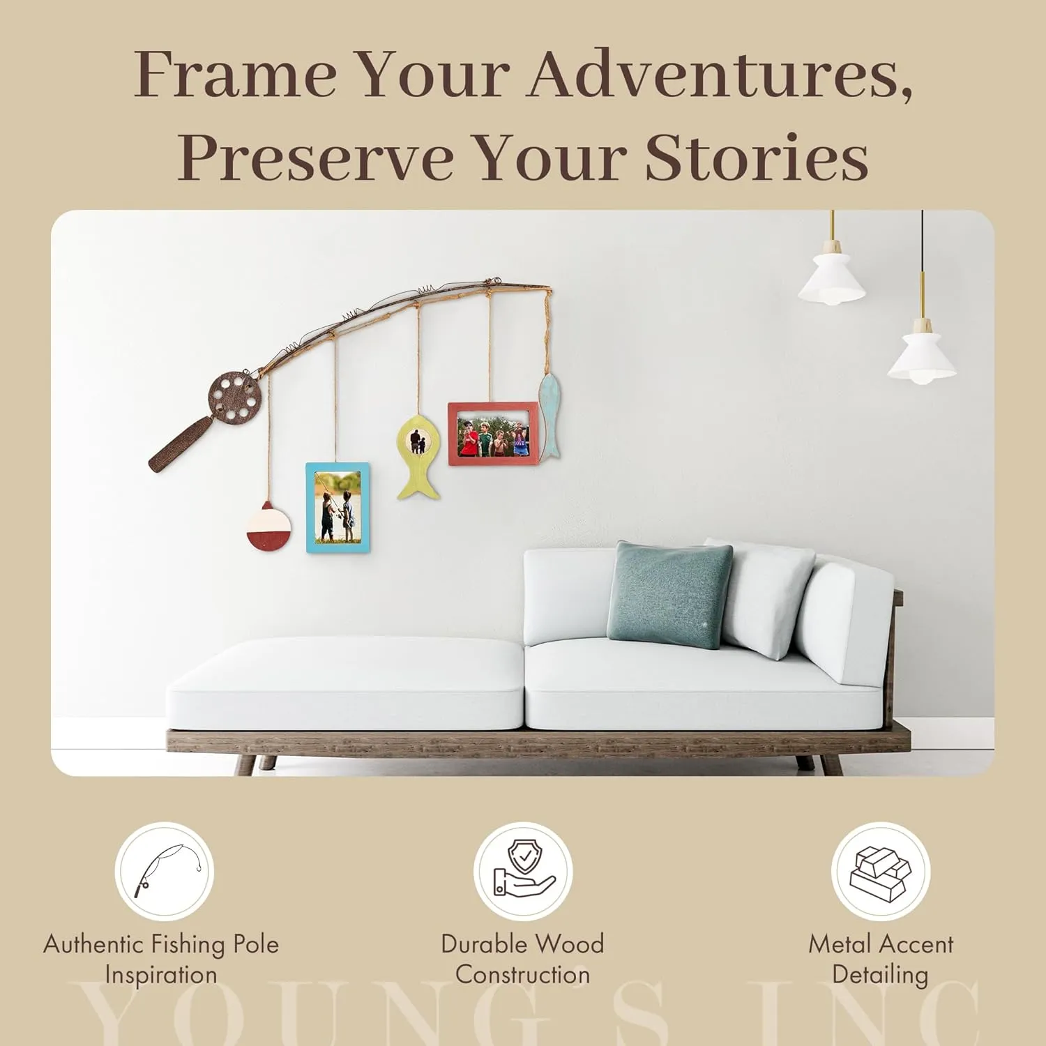 Young's Inc. Wood Fishing Pole Picture Frame Display with Three 4” x 4” Frames - Wall Decor – Hanging Picture Frames