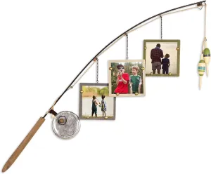 Young's Inc. Wood Fishing Pole Picture Frame Display with Three 4” x 4” Frames - Wall Decor – Hanging Picture Frames