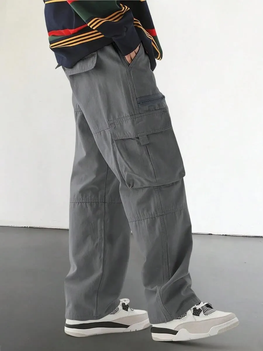 ZAFUL Men's Wild Cargo Pants Loose Fit Y2K Pants Drawstring Casual Hiking Pants Pocket Zipper Design Straight Trousers