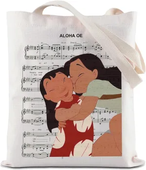 ZJXHPO Lilo And Nani Tote Bag Aloha OE Sheet Music Reusable Grocery Tote Bag Hawaiian Shoulder Bag Hawaii Souvenir