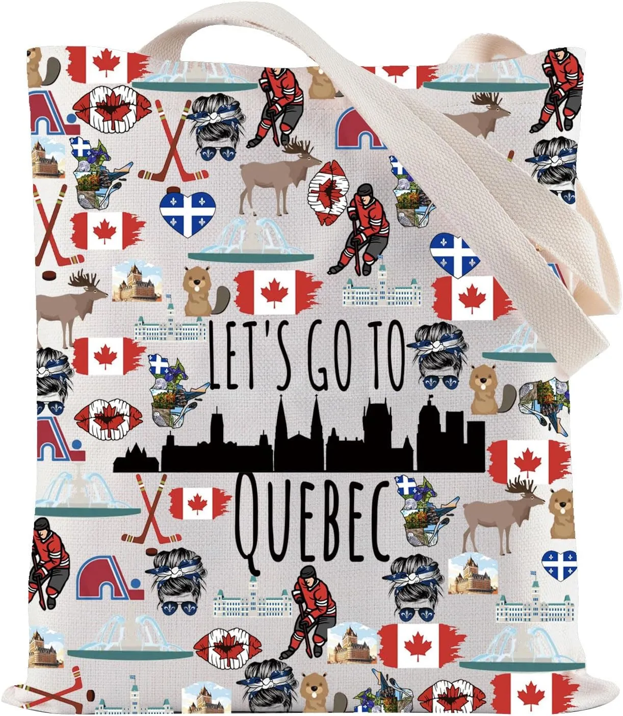 ZJXHPO Quebec Skyline Tote Bag Let’s Go To Quebec Reusable Grocery Tote Bag Quebec Canada Vacation Gift Quebec Souvenir