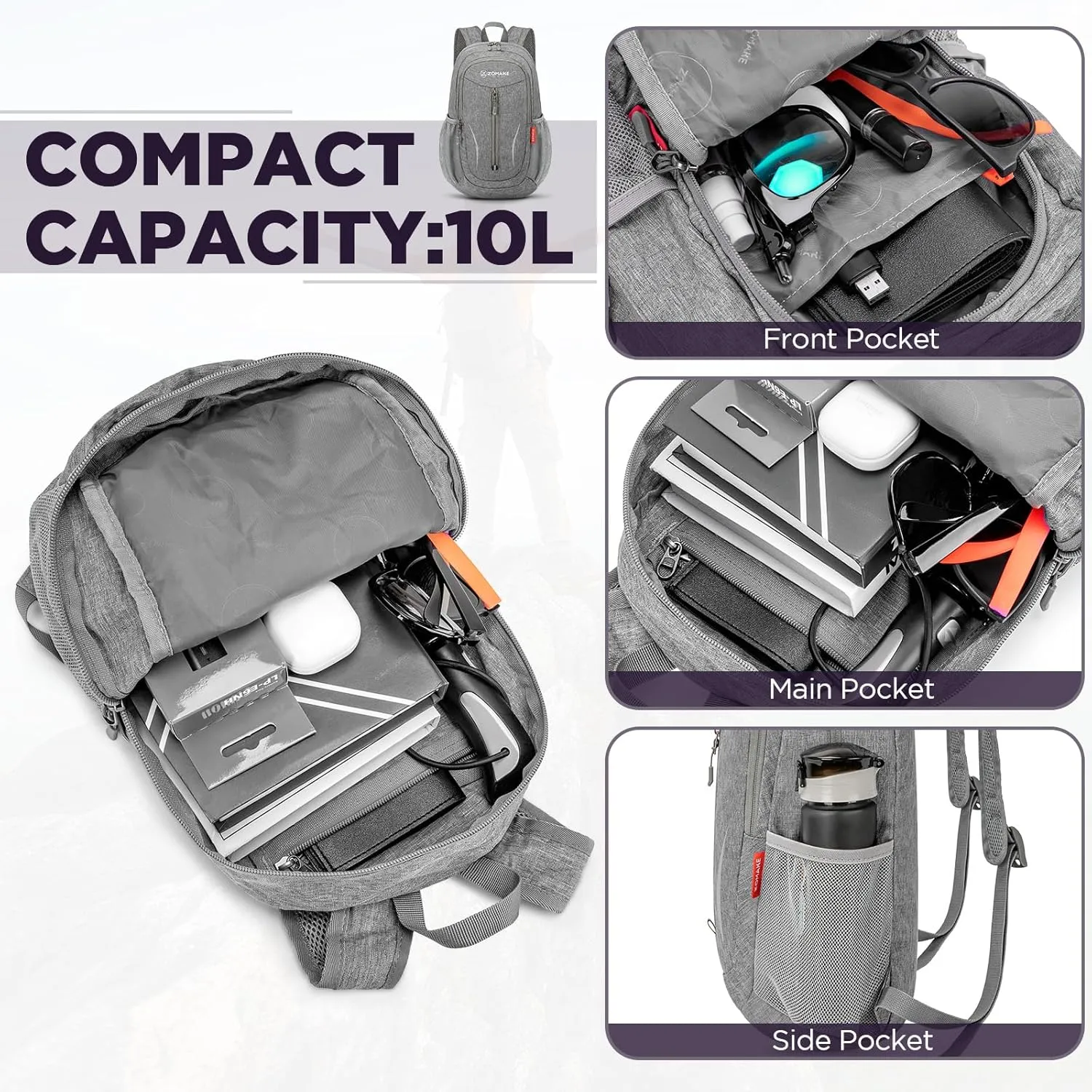 ZOMAKE 10L Small Packable Hiking Backpack - Lightweight Hiking Daypack - Tear Resistant Foldable Day Pack for Women Men