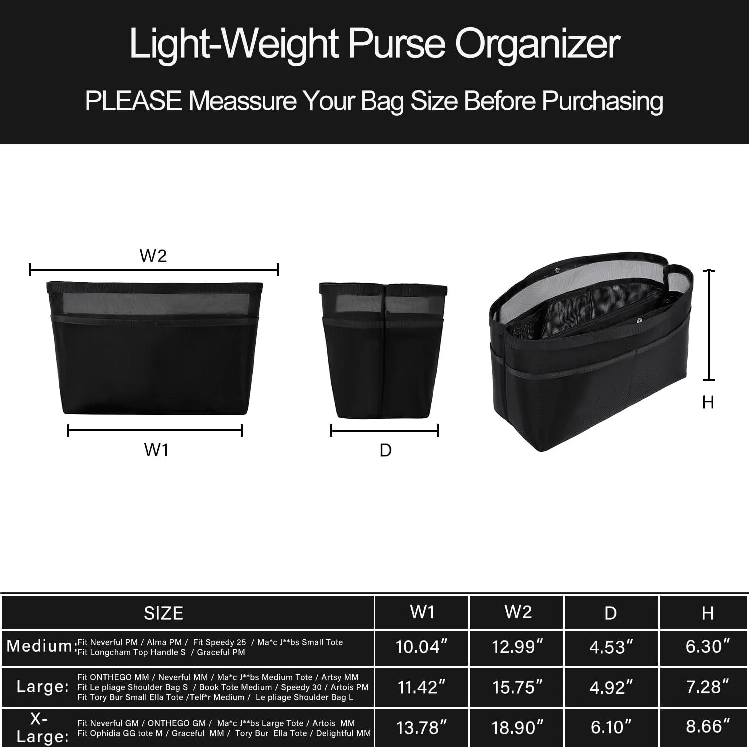 ZTUJO Purse Organizer Insert For Handbags,Mesh Bag Organizer Insert With Zipper Bag Tote Shaper Fit Speedy Neverful PM MM le Pliage,Light Weight (Black, Medium)