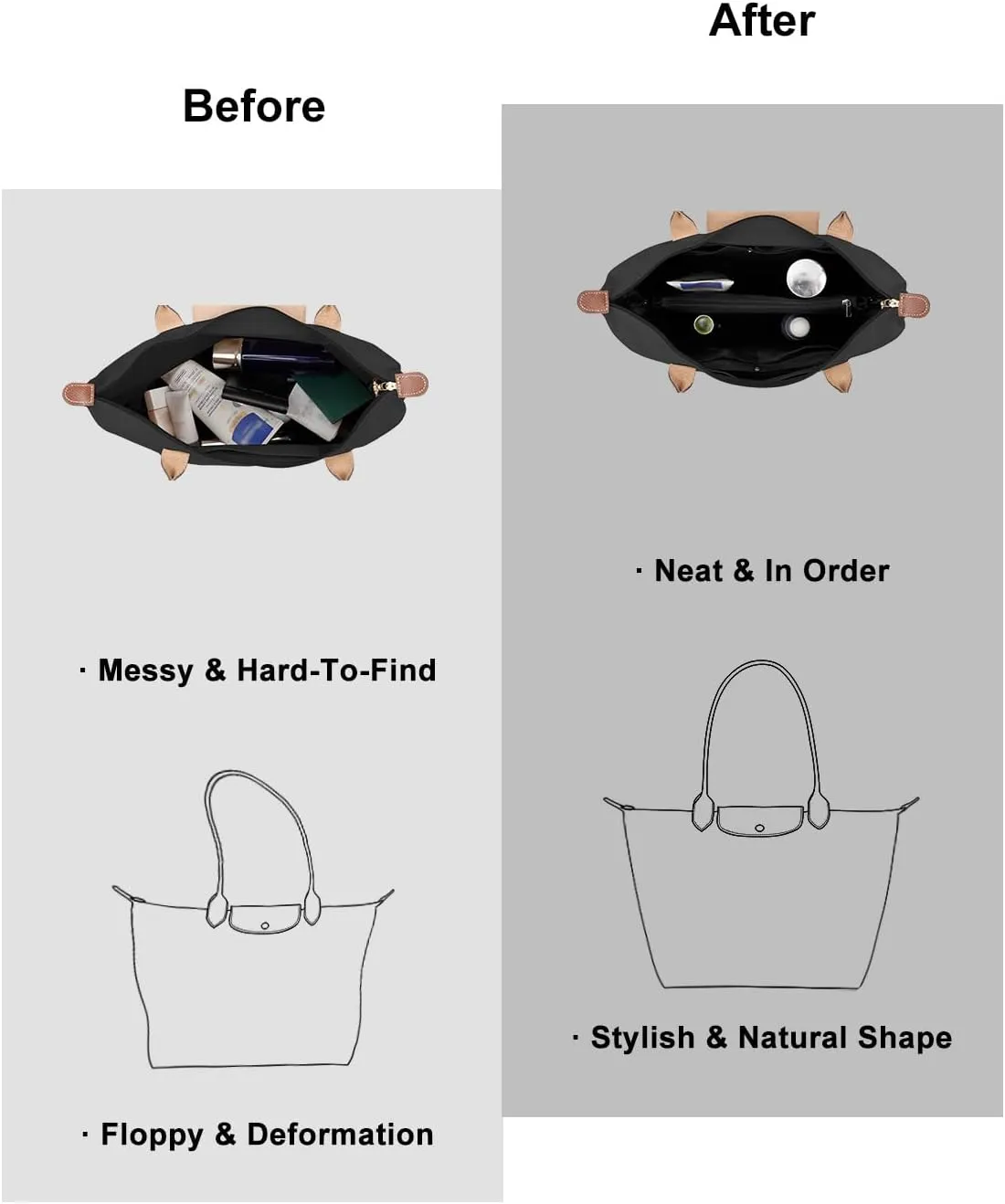 ZTUJO Purse Organizer Insert For Handbags,Mesh Bag Organizer Insert With Zipper Bag Tote Shaper Fit Speedy Neverful PM MM le Pliage,Light Weight (Black, Medium)