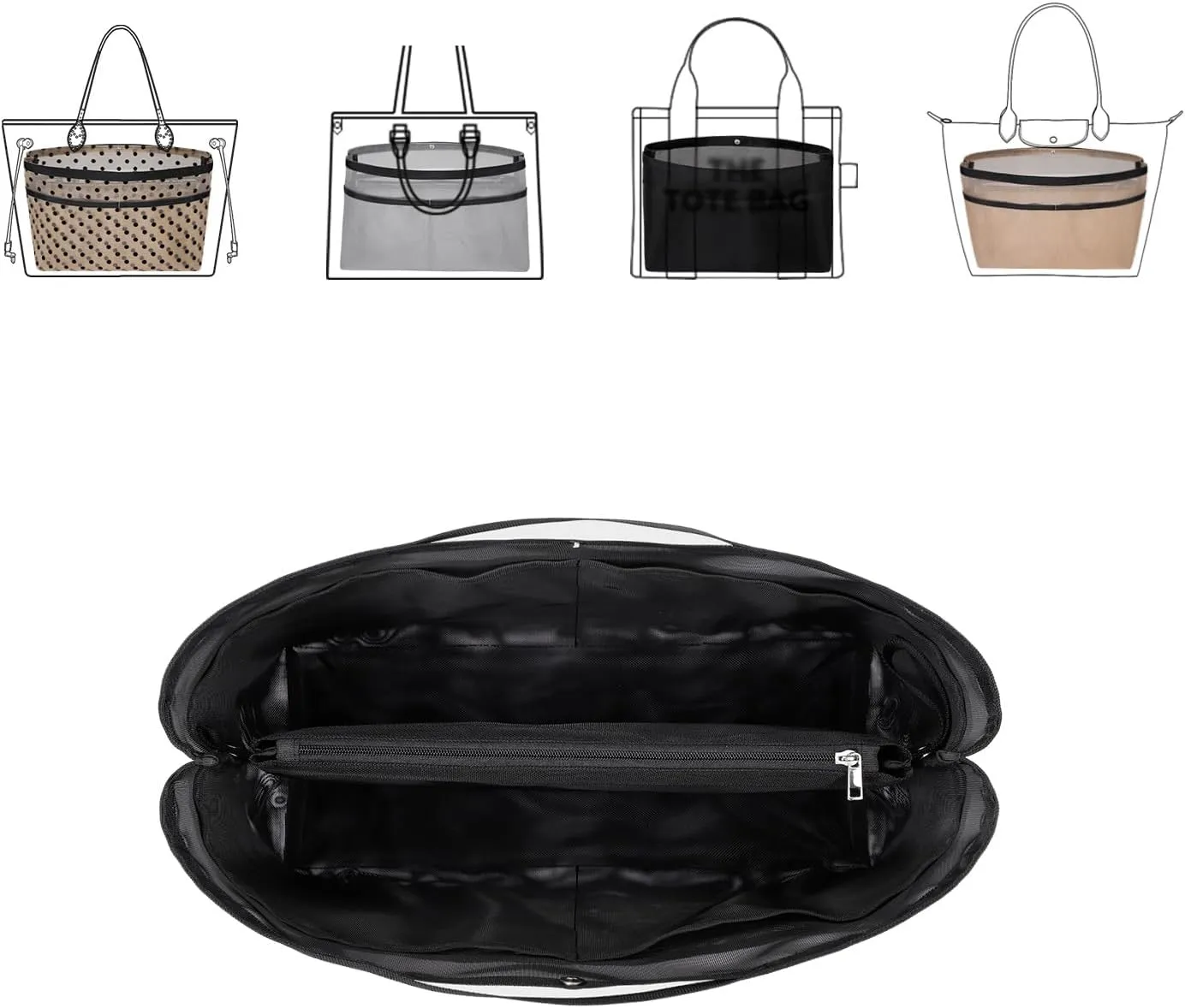 ZTUJO Purse Organizer Insert For Handbags,Mesh Bag Organizer Insert With Zipper Bag Tote Shaper Fit Speedy Neverful PM MM le Pliage,Light Weight (Black, Medium)